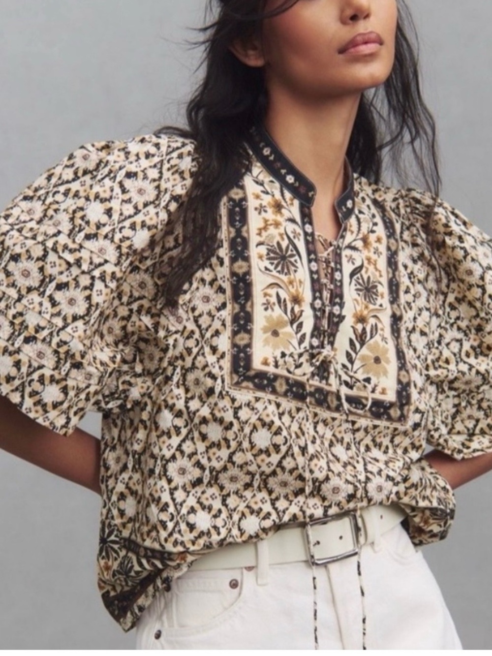 Anthropologie Blouse Womens Size S Black Motif Floral Puff Sleeve Cotton Boho